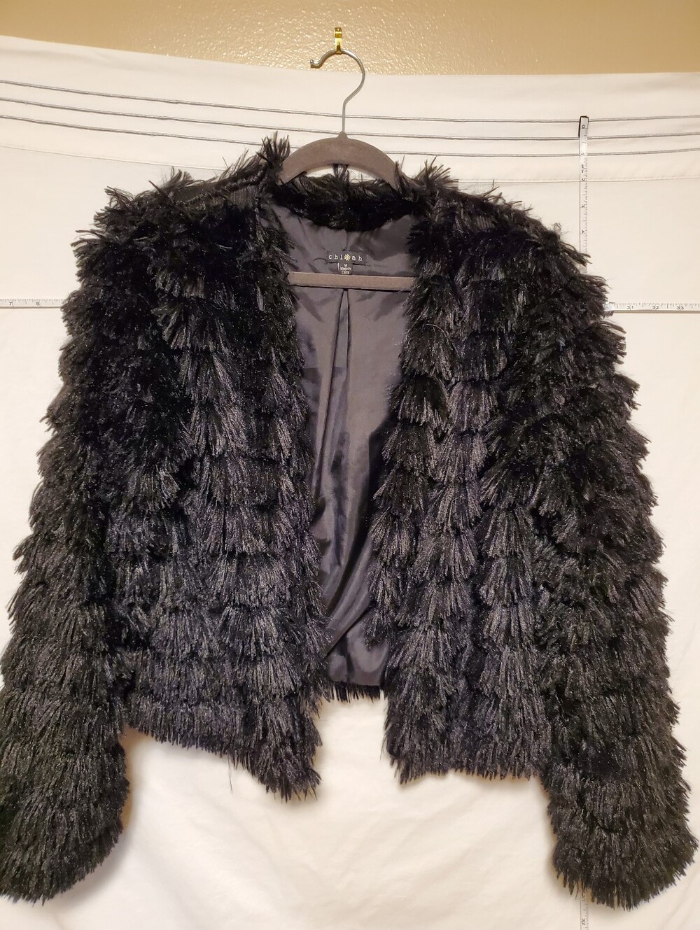 Chiah Black Shag Faux-Fur Open-Front Jacket